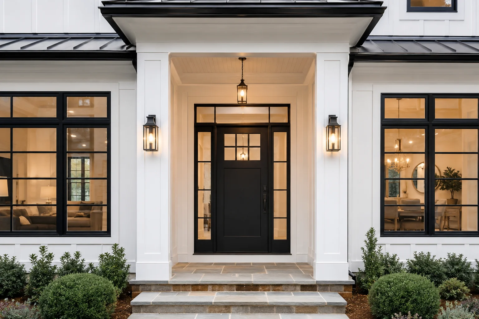 Beautiful home exterior with black windows, white siding, and manicured landscaping — Pallotta Exteriors craftsmanship in Warren County, Ohio