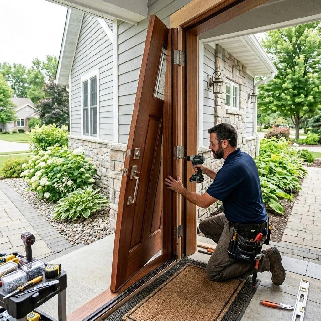 Contractor installing a new wood front door on a suburban home in Warren County, Ohio