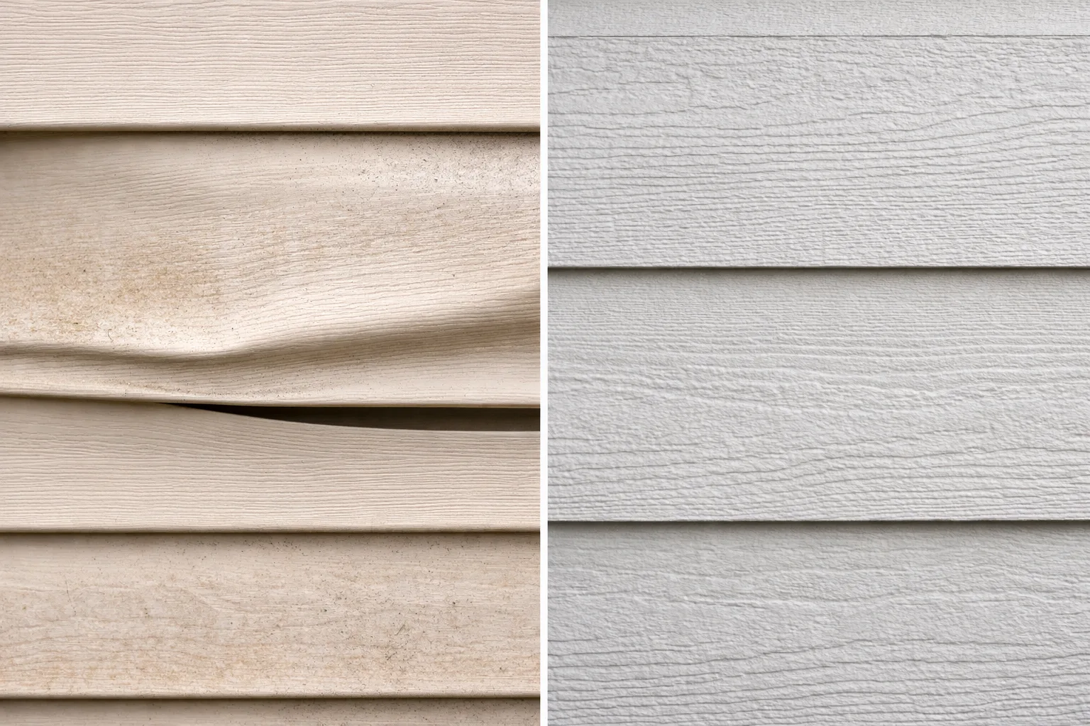 Side-by-side comparison of aging vinyl siding vs. crisp Hardie Board fiber cement siding
